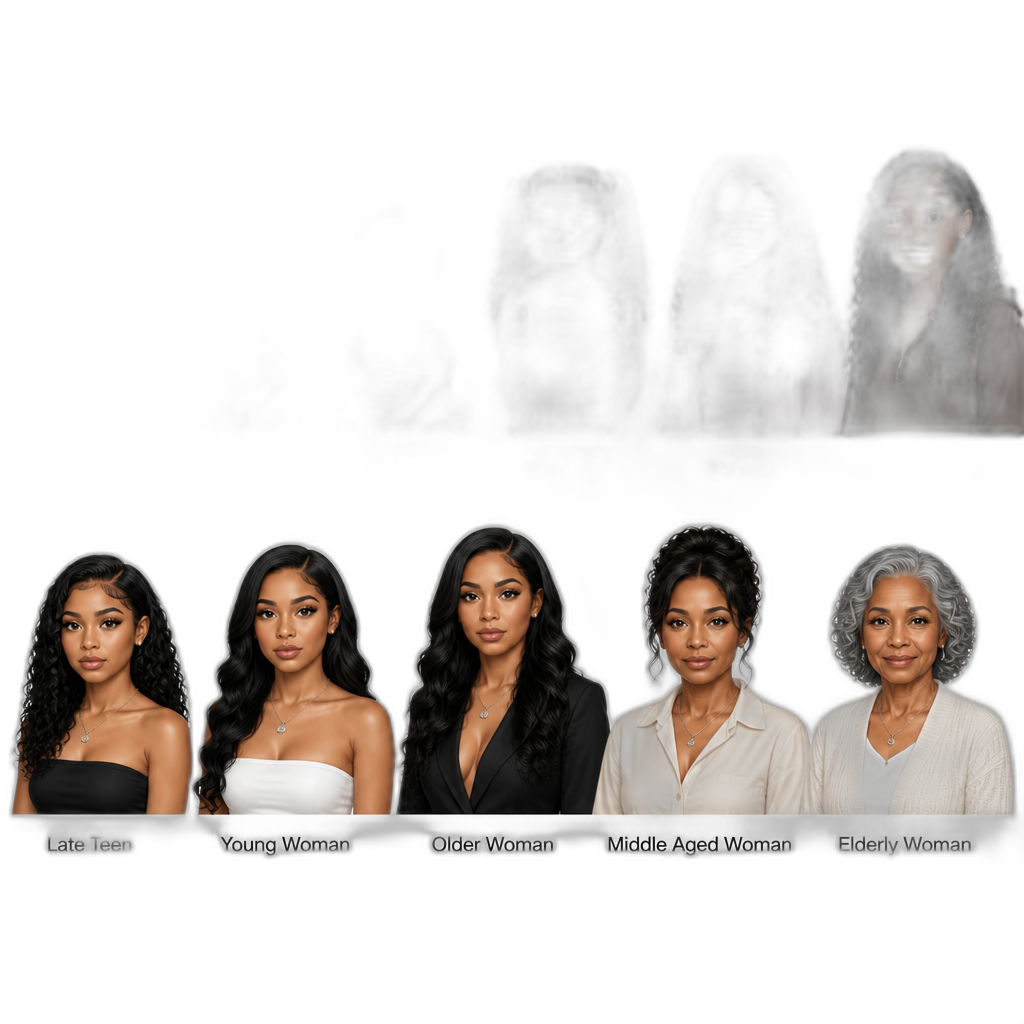 Mariah The Scientist in different stages of life (newborn, baby, toddler, little girl, preteen, teen, late teen, young woman, older woman, middle aged woman, elderly woman), photorealistic - AI generated emoji
