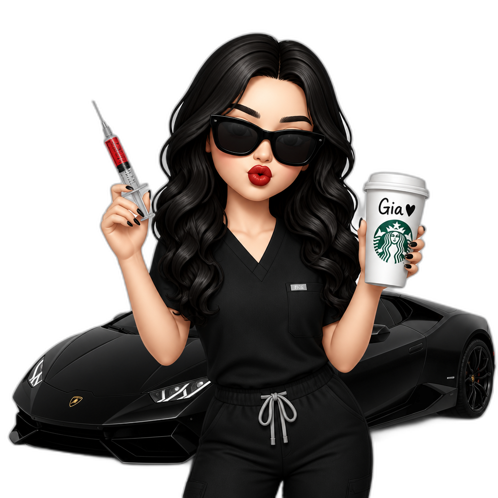 Girl in black scrubs pouting black curled wavy hair and black sunglasses holding an injection with red lipstick pale skin with a black lamborghini behind and on the right hand a white Starbucks cup with the name written Gia with a black heart - AI generated emoji
