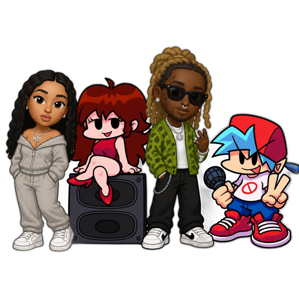 Mariah The Scientist and Girlfriend from Friday Night Funkin, Young Thug and Boyfriend from Friday Night Funkin, Friday Night Funkin cartoon style, 2D - AI generated emoji