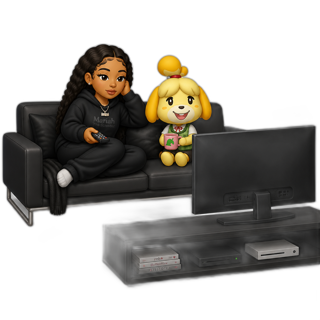 Mariah The Scientist, Animal Crossing, sitting on a Sleek Couch, watching TV on a Widescreen TV - AI generated emoji