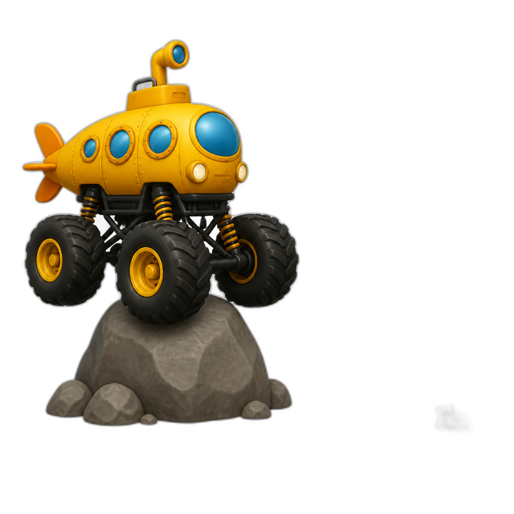Submarine monster truck staying balanced on rock with zooble from digital circus on other side - AI generated emoji