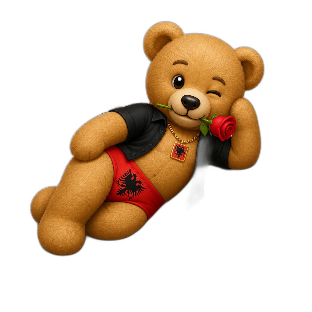 Create a Teddy bear who is a flirty Albanian on the magazine. different fur color - AI generated emoji