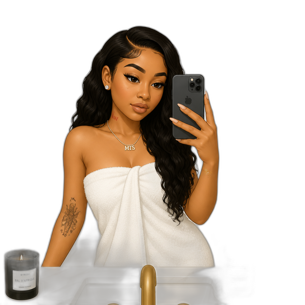 Mariah The Scientist in a towel dress, in her bathroom - AI generated emoji