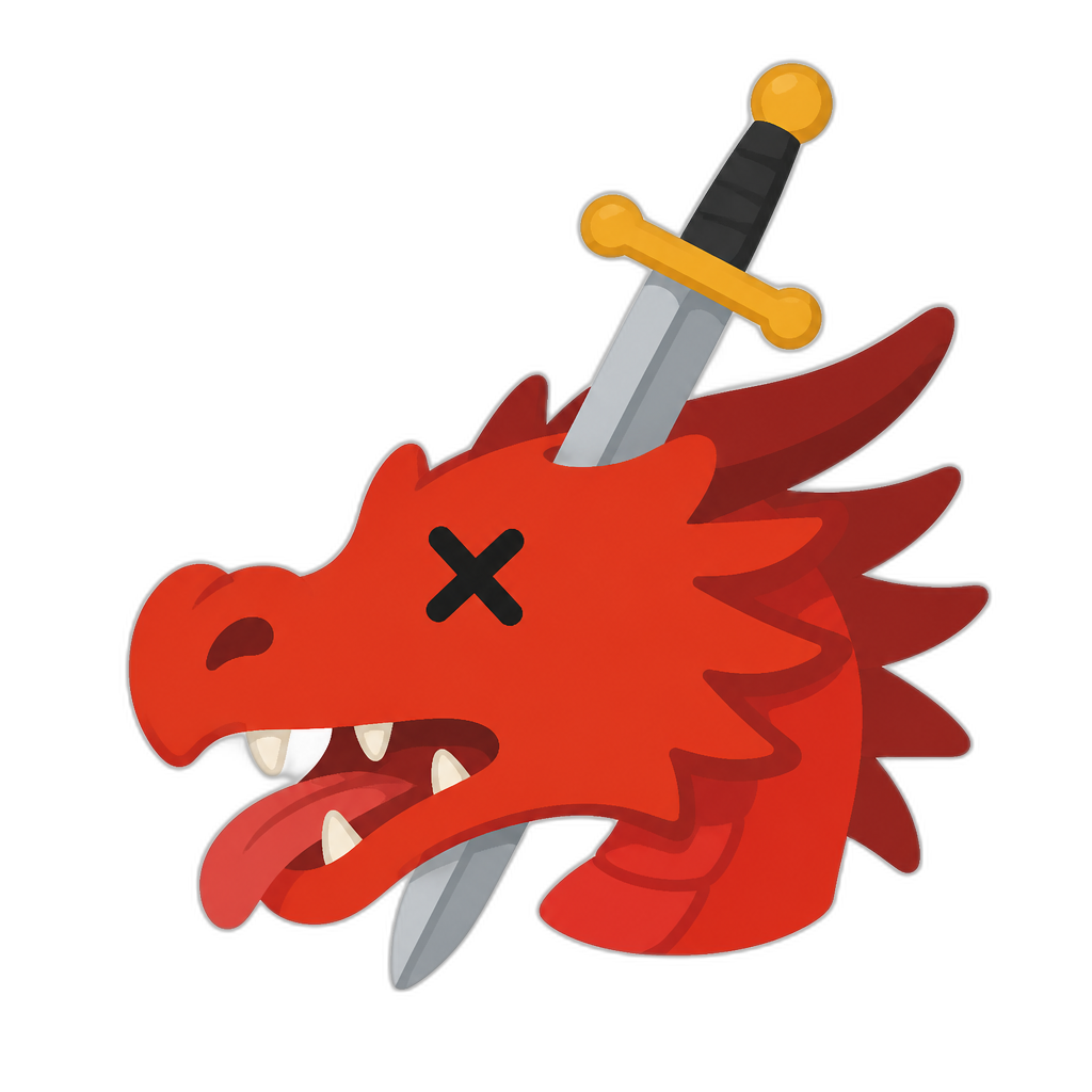 slain bright red western dragon head pierced by sword; minimal, thick, flat style; square - AI generated emoji