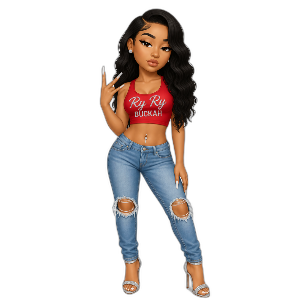 Mariah The Scientist as trap femcee Ry Ry Buckah, red crop top, blue jeans with rips in the knees, diamond studded stilettos, navel ring - AI generated emoji