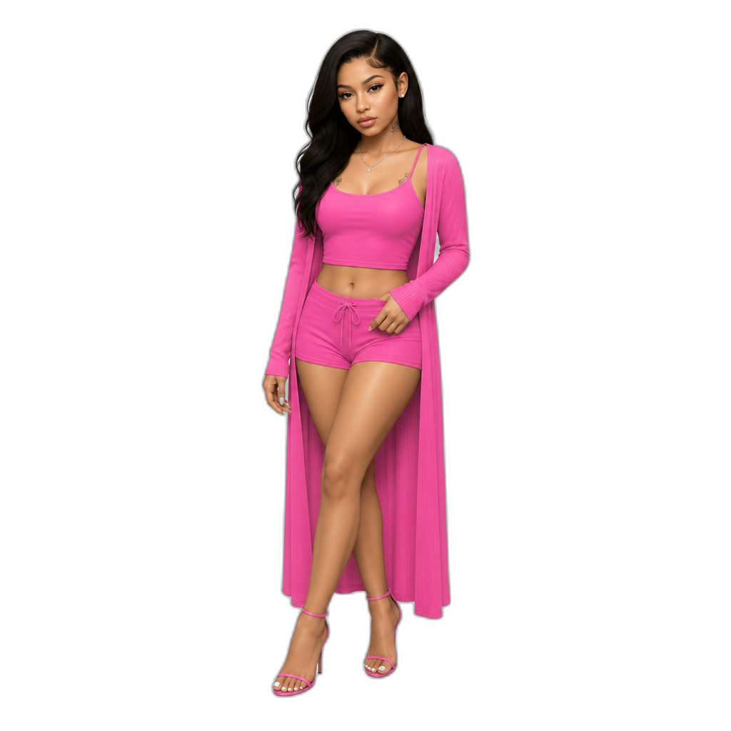 Mariah The Scientist, photorealistic, medium length hair, bright pink long sleeved coverup, camisole crop top, shorts, stilettos - AI generated emoji