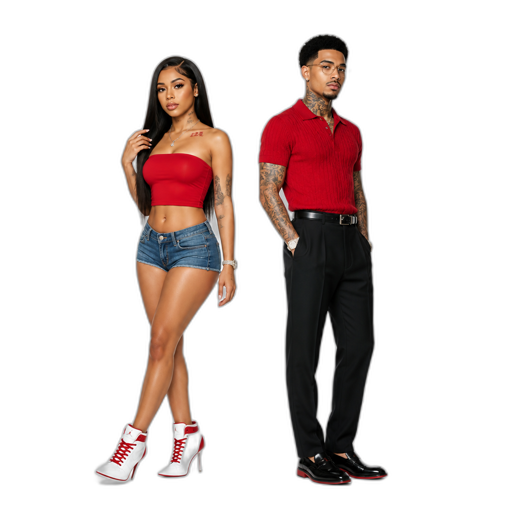 Mariah The Scientist and her genderswap (Marlon The Professor), photorealistic, Mariah with long straight hair, red strapless crop top, blue denim shorts, stiletto sneakers, 'Mariah The Scientist' logo in pink, 'Marlon The Professor' logo in red - AI generated emoji