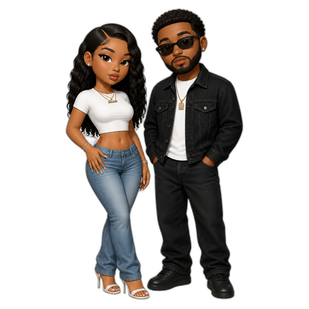 Mariah The Scientist (short sleeved crop top, jeans and stilettos) and Brent Faiyaz (T-shirt, black denim jacket and sunglasses) - AI generated emoji