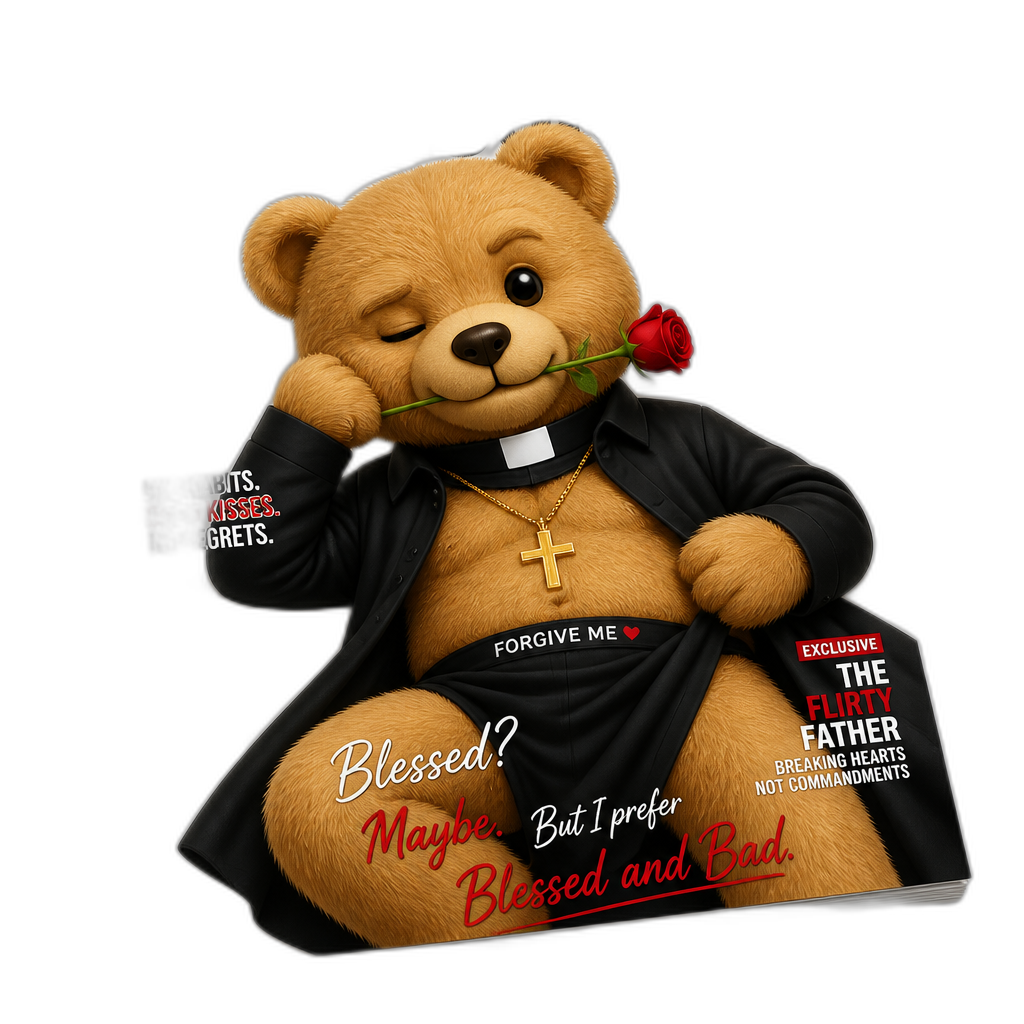 Create a Teddy bear who is a romantic flirty misbehaving Priest on the magazine book. any fur color - AI generated emoji
