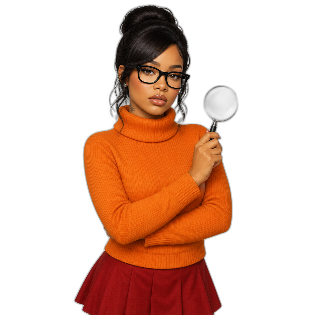 Mariah The Scientist, photorealistic, cosplaying as Velma from Scooby Doo - AI generated emoji