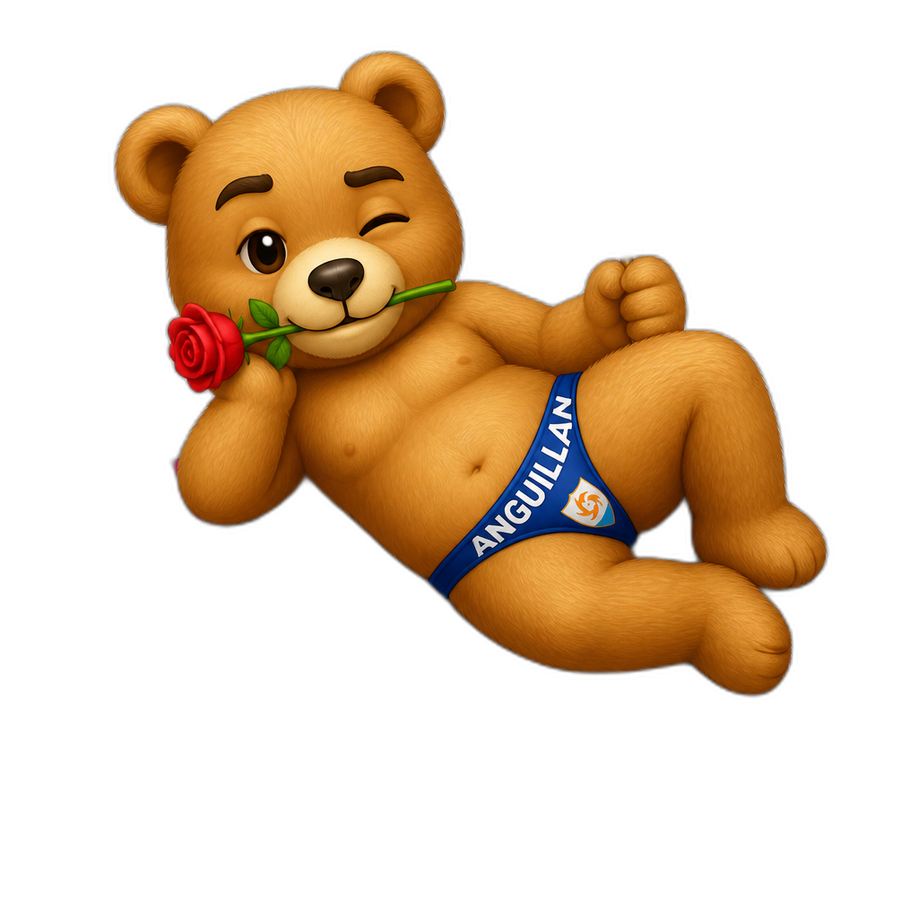 Create a Teddy bear who is a flirty improper Anguillan on the magazine. different fur color - AI generated emoji
