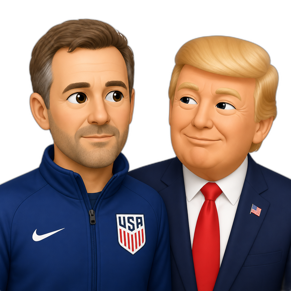 a middle aged white man with his head slightly turned to the left in a blue zipped jacket with the USA soccer logo on the right with donald trump - AI generated emoji