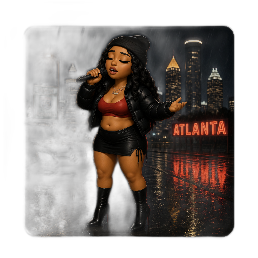 Mariah The Scientist, mom bod, singing in the rain, black beanie, black jacket, red crop top, black skirt, stiletto boots, nighttime, Atlanta, music video - AI generated emoji