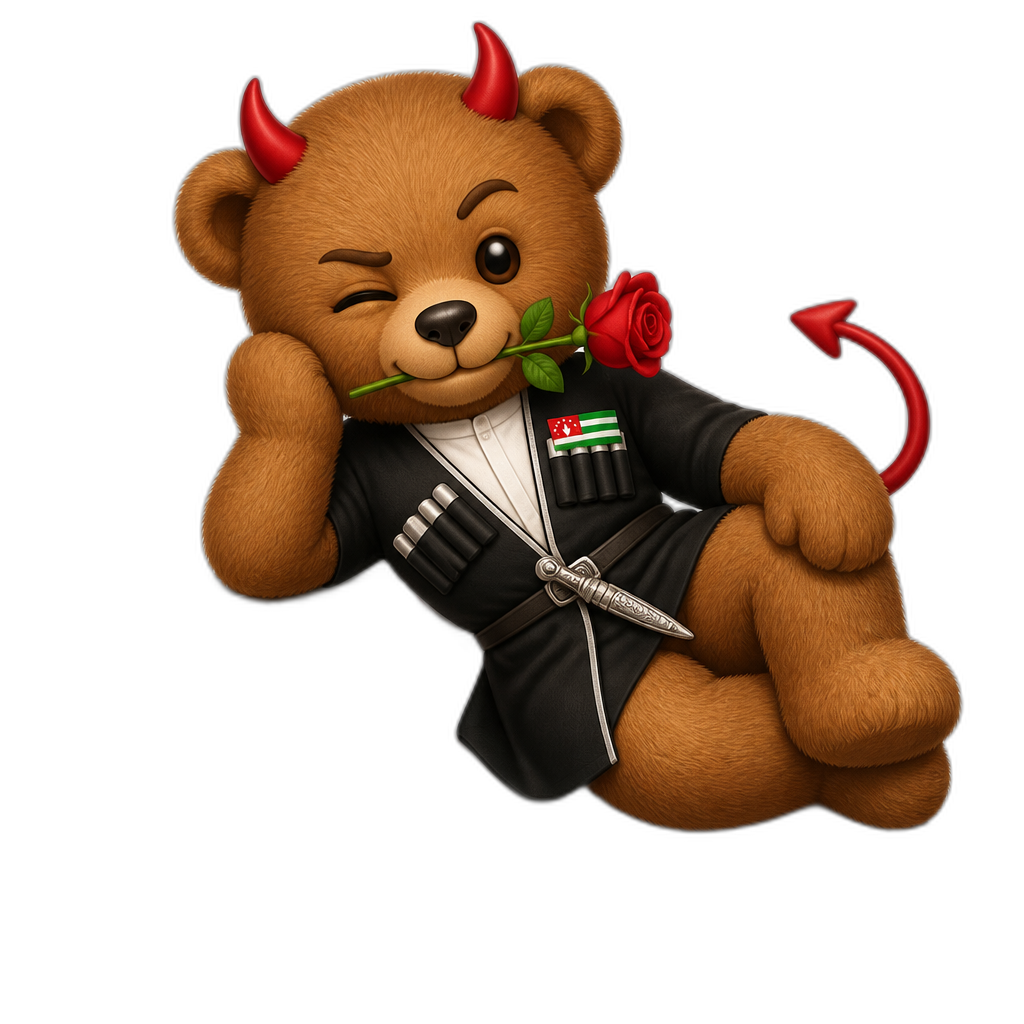Create a Teddy bear who is a flirty devilish Abkhazian on the magazine. any fur color - AI generated emoji