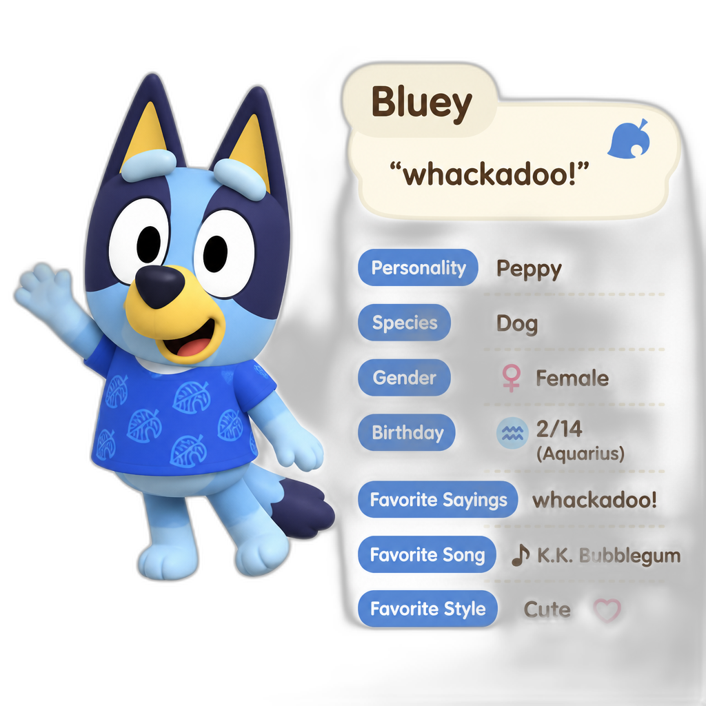 Bluey as an Animal Crossing Villager, 'whackadoo' as a catchphrase, in a blue shirt, female - AI generated emoji