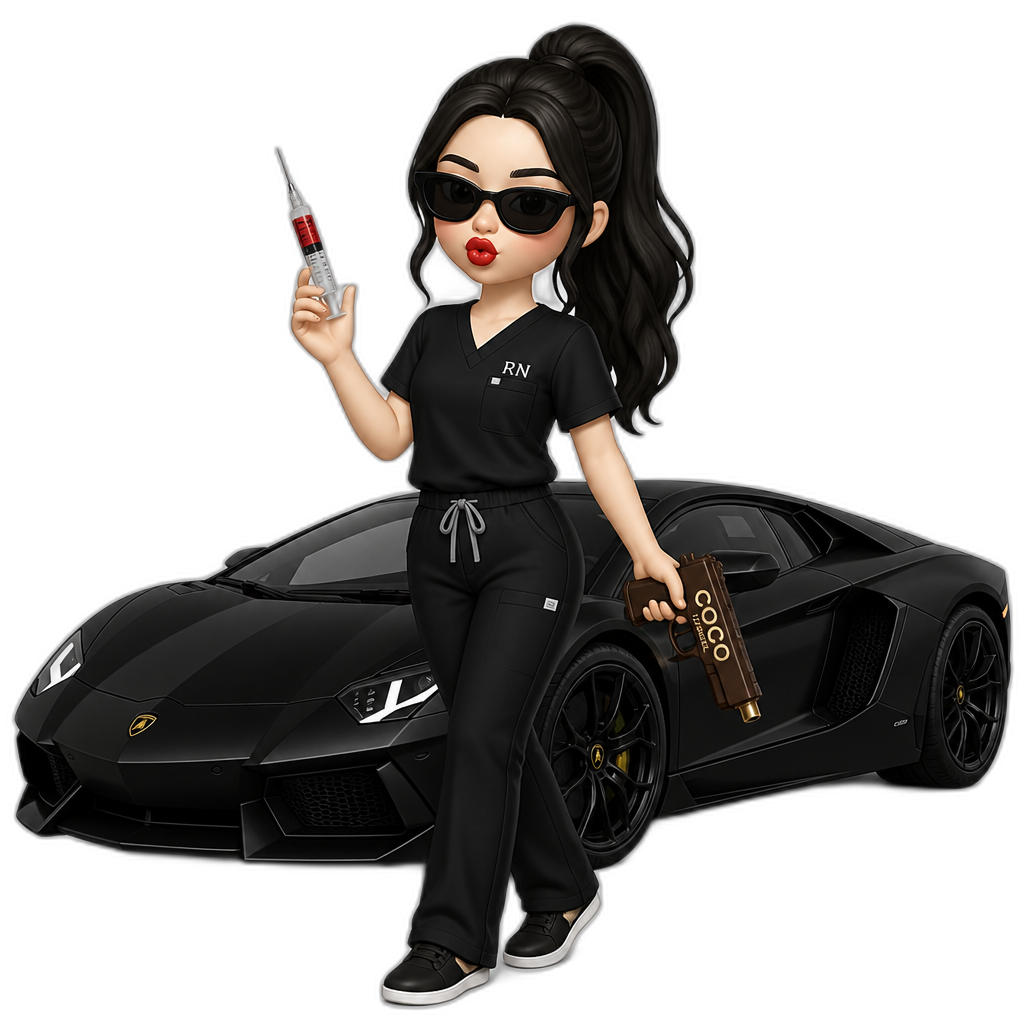 Girl in black scrubs pouting black hair and black sunglasses holding an injection with red lipstick pale skin with a black lamborghini behind and a cocoa chanel gun in the right hand - AI generated emoji