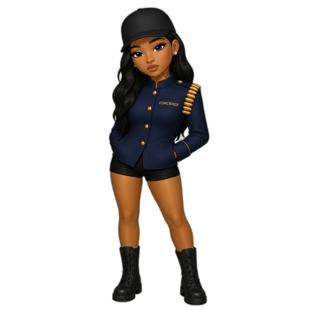 Mariah The Scientist, blue long sleeved concierge jacket, gold bullet shoulder strap, black shorts, black cap, black boots - AI generated emoji