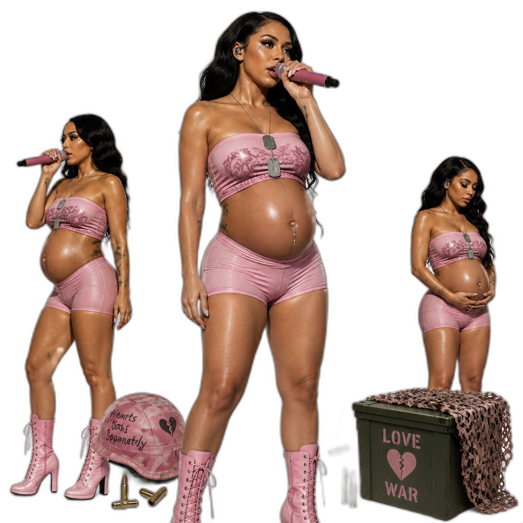 Mariah The Scientist, pregnant, photorealistic, performing on tour, Hearts Sold Seperately, military and love war themed, strapless pink crop top, spandex shorts, stiletto combat boots, dog tag necklace, navel ring - AI generated emoji