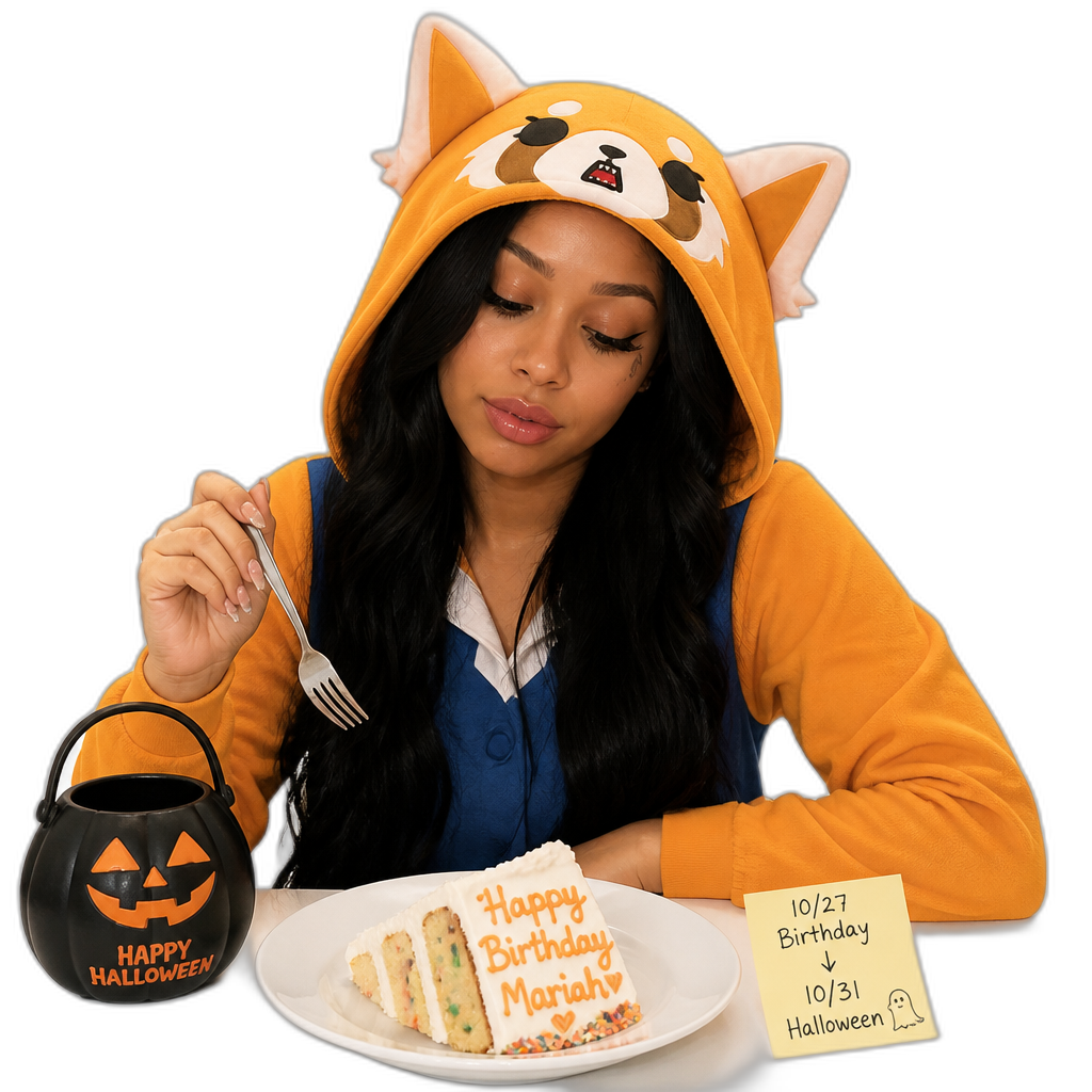 Mariah The Scientist having a leftover slice of her birthday cake on Halloween night for dessert, (10/27 is her birthday, and 10/31 is Halloween.), photorealistic, long black hair, dressed as Retsuko from Aggretsuko for Halloween - AI generated emoji