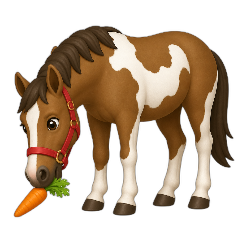 brown howrse with White patches and Red halter Eating a carrot - AI generated emoji