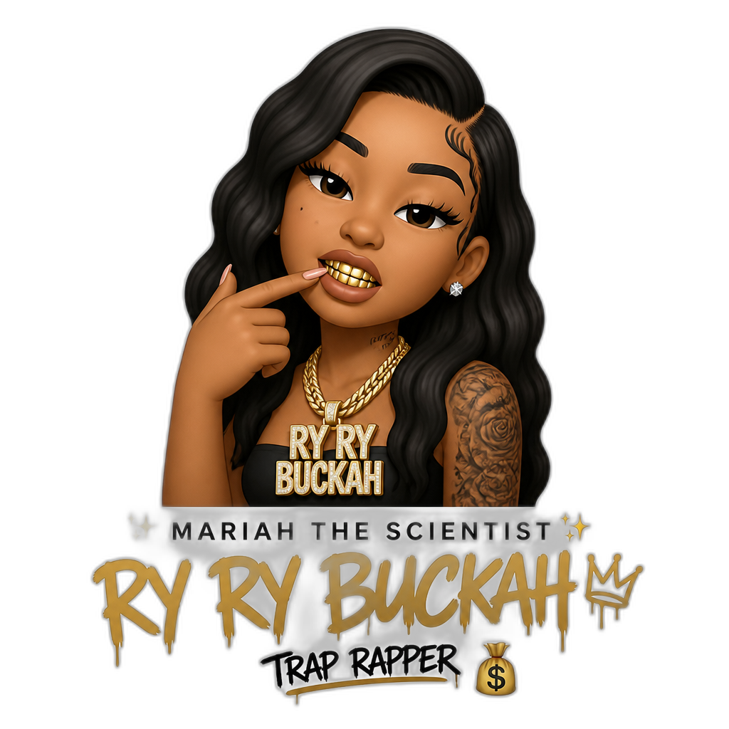 Mariah The Scientist as a trap rapper with gold grills in her teeth, new rapper alias Ry Ry Buckah - AI generated emoji