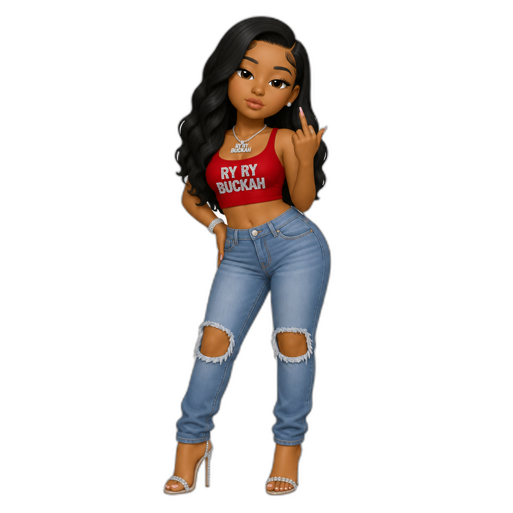 Mariah The Scientist as trap femcee Ry Ry Buckah, red crop top, blue jeans with rips in the knees, diamond studded stilettos - AI generated emoji