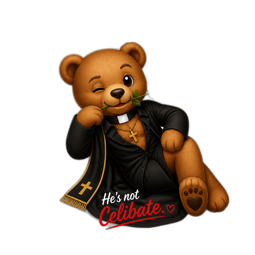 Create a Teddy bear who is a flirty misbehaving love-fulled Priest on the magazine book. any fur color - AI generated emoji