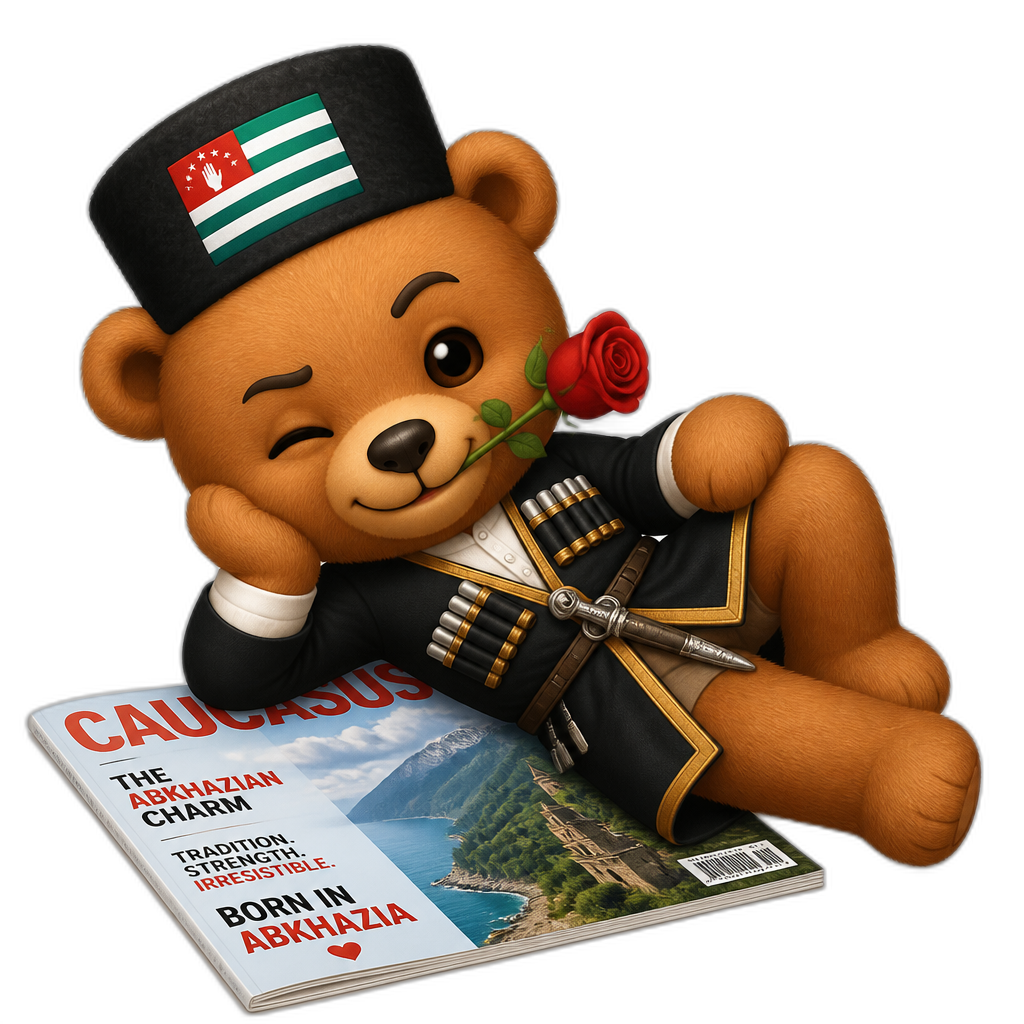 Create a Teddy bear who is a flirty playfully devilish Abkhazian on the magazine. any fur color - AI generated emoji