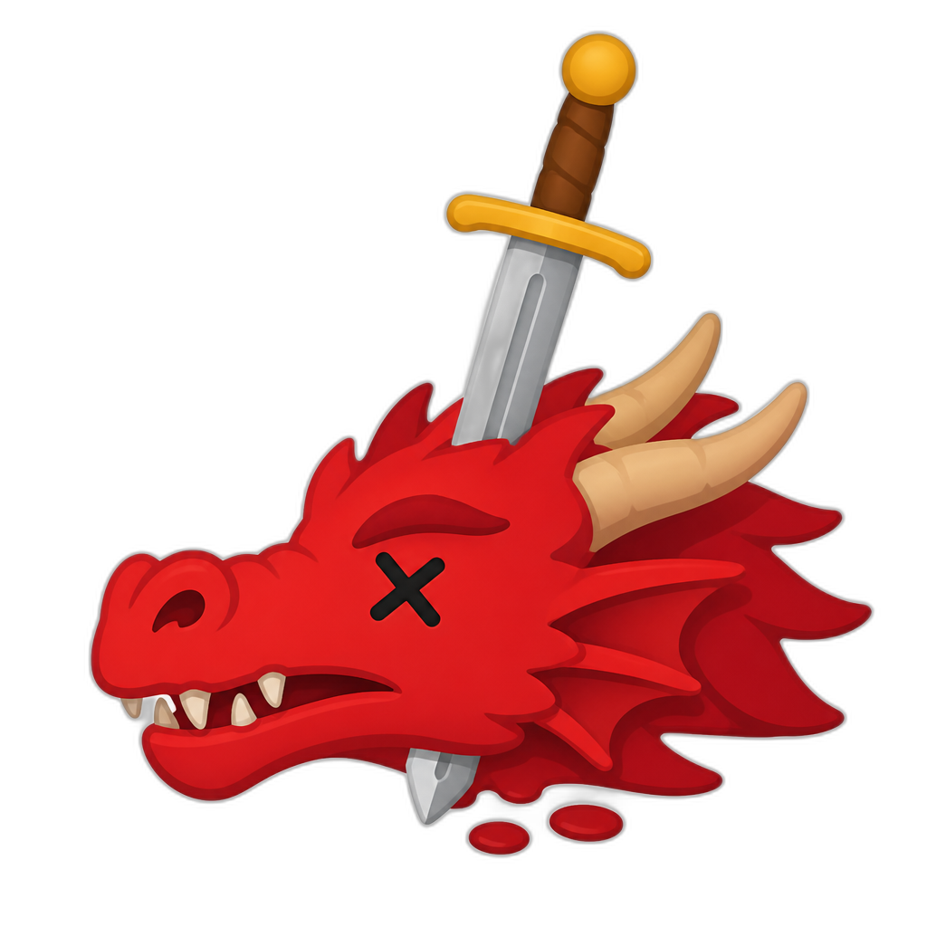 slain bright red western dragon head pierced by sword; minimal, thick, flat style; square - AI generated emoji