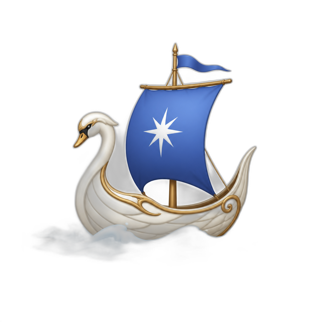 Elven ship sailing westwards. Swan-shaped hull, blue sail with a white star, light blue sea and waves; minimal. - AI generated emoji