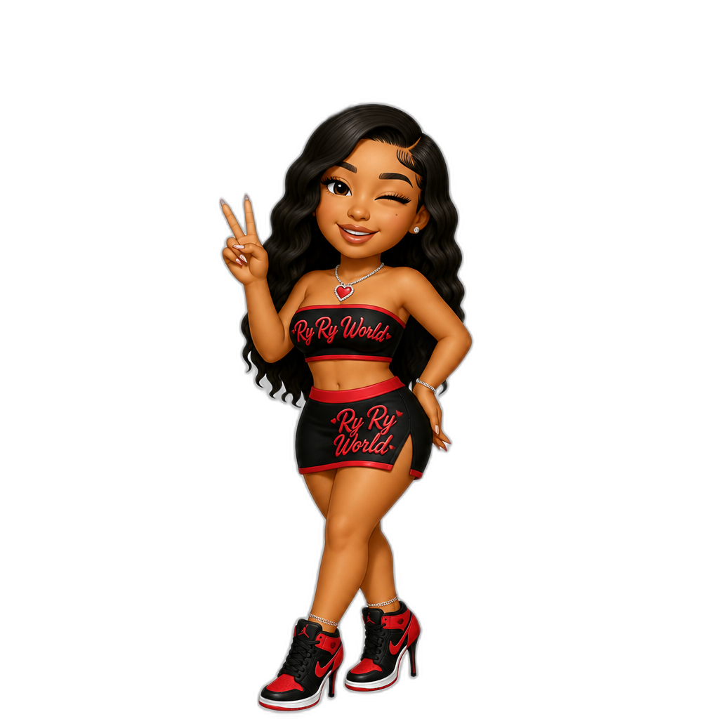 Mariah The Scientist, black and red strapless crop top, skirt, stiletto sneakers, heart necklace, Ry Ry World on the top and skirt, peace sign, winking, smiling - AI generated emoji