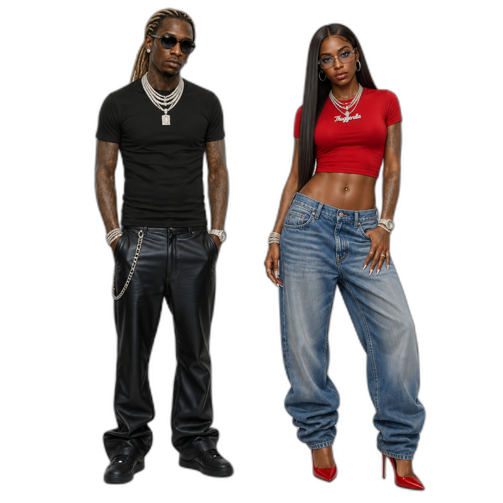 Young Thug and his genderswap (Thuggerella), photorealistic, Thuggerella with long straight hair, red short sleeved crop top, baggy jeans, stilettos - AI generated emoji