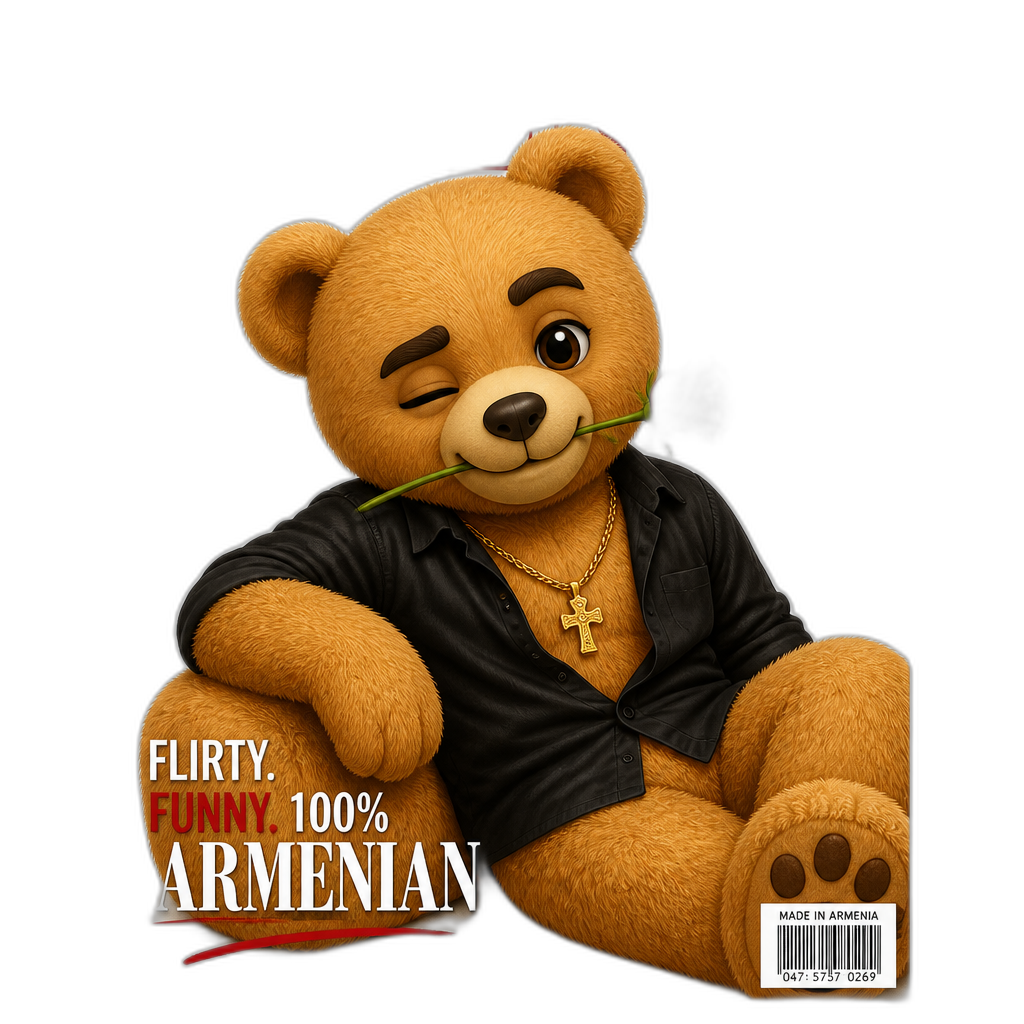 Create a Teddy bear who is a flirty Armenian on the magazine. different fur color - AI generated emoji