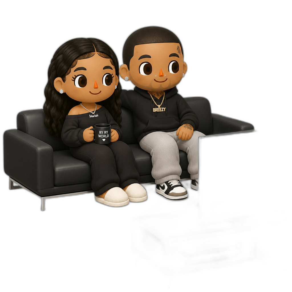 Mariah The Scientist, Animal Crossing, sitting on a Sleek Couch, watching TV on a Widescreen TV, with Chris Brown sitting next to her, as Human Villagers - AI generated emoji