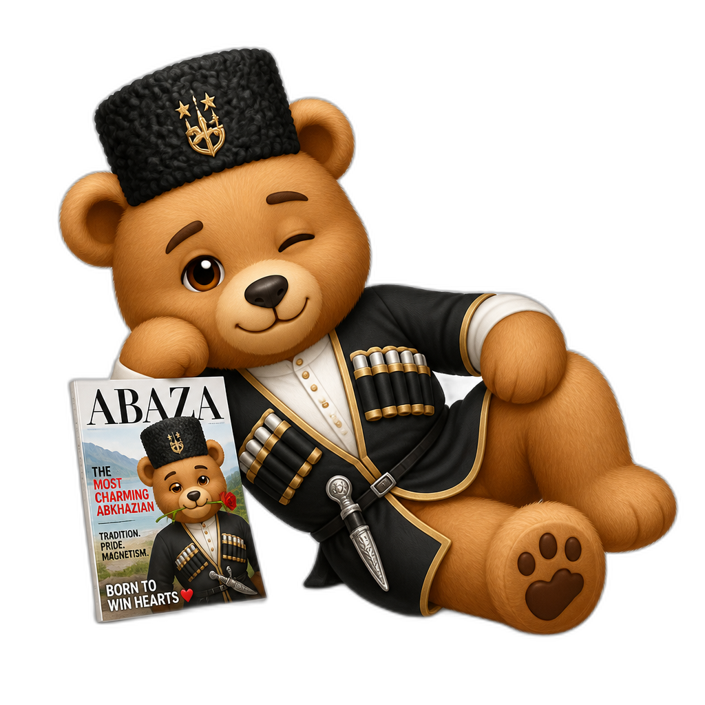 Create a Teddy bear who is a flirty preparation Abkhazian on the magazine. any fur color - AI generated emoji