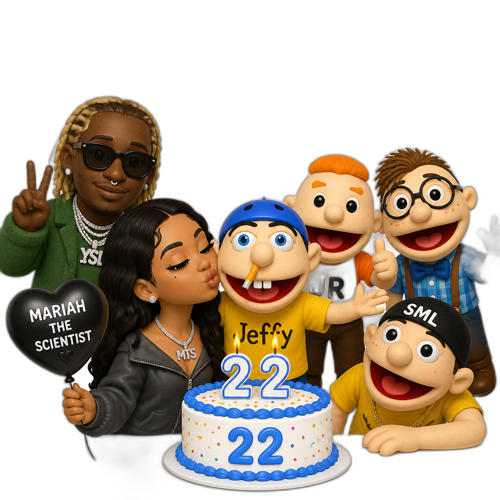 Mariah The Scientist celebrating Jeffy's 22nd birthday with Jeffy and his friends, with Young Thug - AI generated emoji
