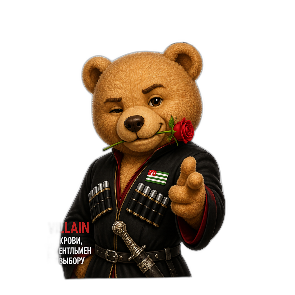 Create a Teddy bear who is a flirty vilain Abkhazian on the magazine. any fur color - AI generated emoji