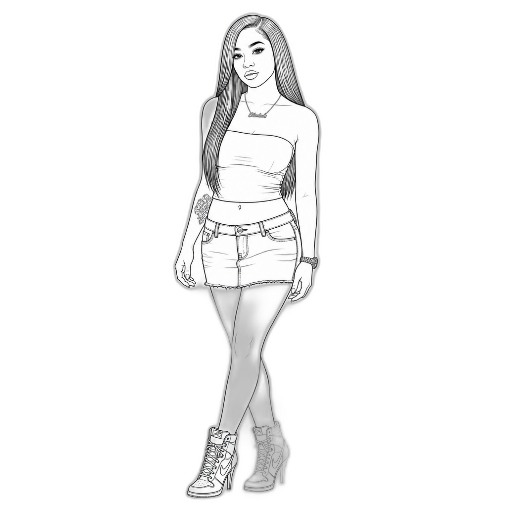 Mariah The Scientist coloring book picture, long straight hair, strapless crop top, denim skirt, stiletto sneakers, photorealistic - AI generated emoji