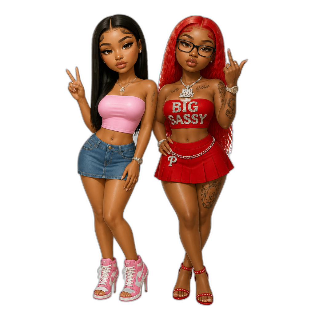 Mariah The Scientist collabing with Sassyy Red (female rapper, black female, red hair, glasses, strapless crop top, skirt, stilettos), Mariah with long straight hair, pink strapless crop top, blue denim skirt, stiletto sneakers, photorealistic - AI generated emoji