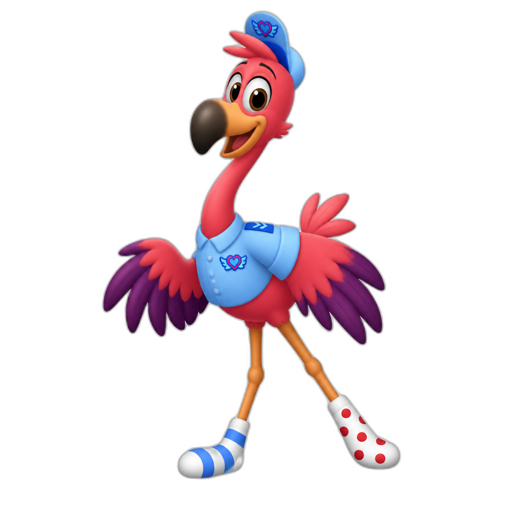 T.o.t.s. freddy the flamingo has socks with red spots on right back and blue stripes on left foot - AI generated emoji