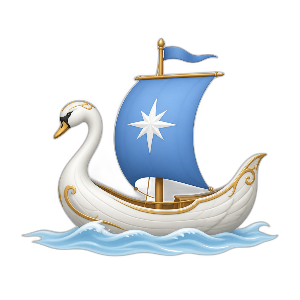 Elven ship sailing westwards. Swan-shaped hull, blue sail with a white star, light blue sea and waves; minimal. - AI generated emoji