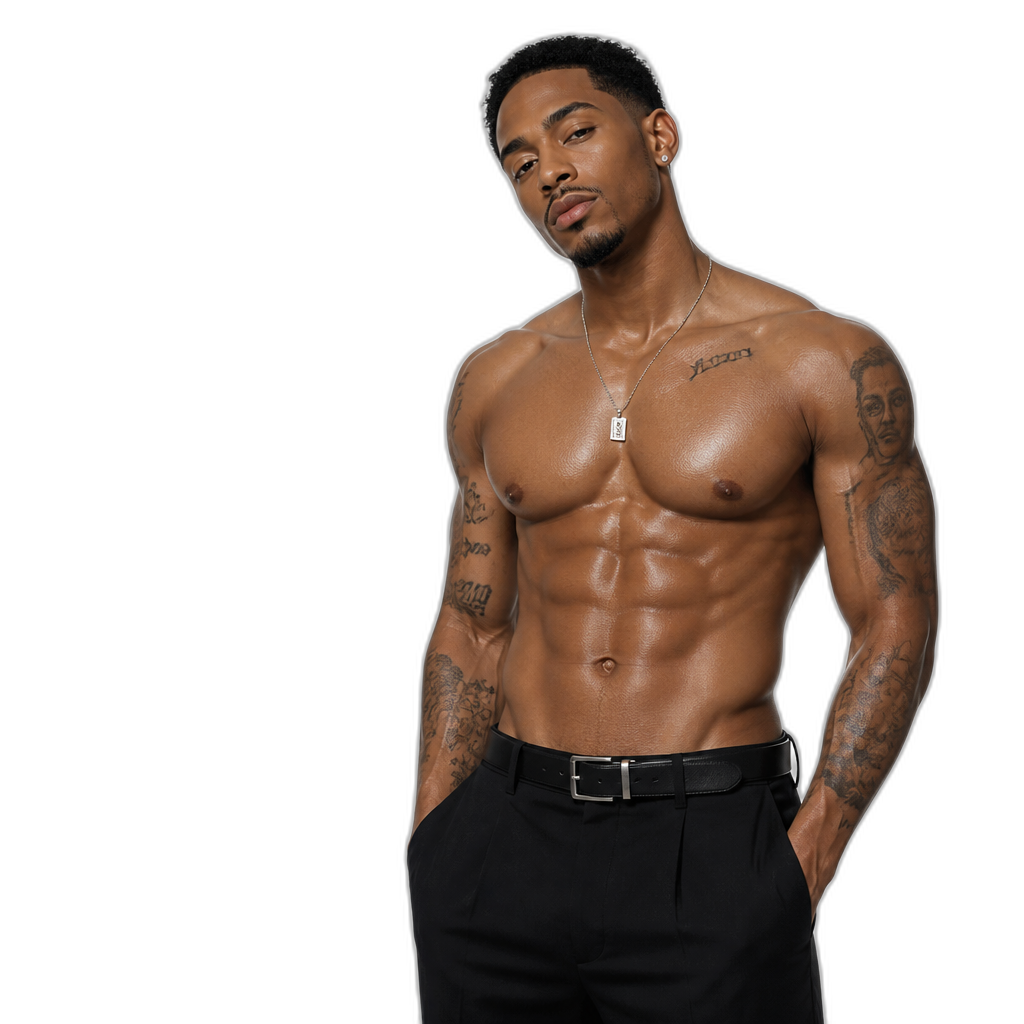 Mariah The Scientist genderswap (Marlon The Professor) with six pack abs, photorealistic, 'Marlon The Professor' logo in red text - AI generated emoji