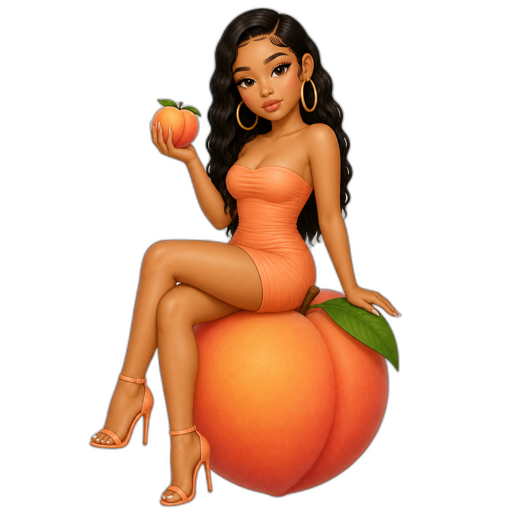Mariah The Scientist sitting on a giant peach, strapless peach orange minidress, stilettos, holding a peach, hoop earrings - AI generated emoji