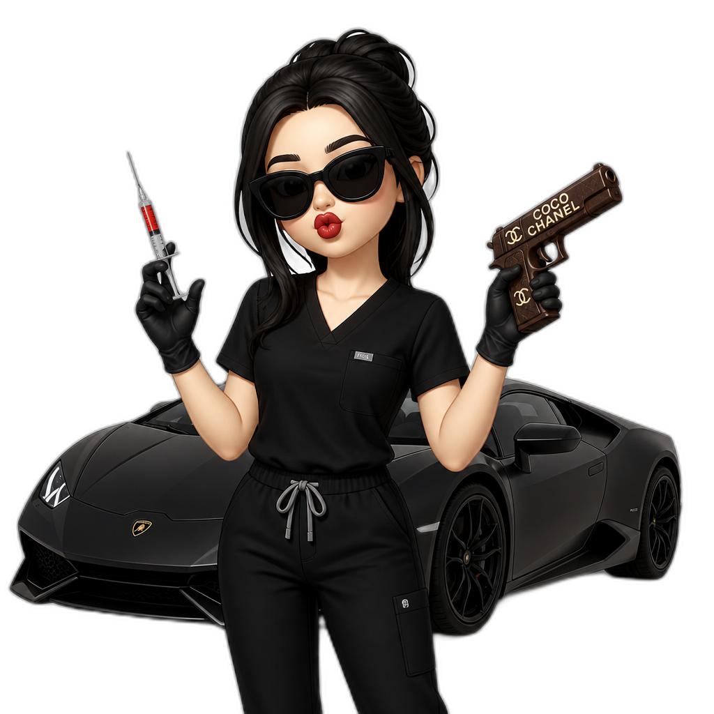 Girl in black scrubs pouting black hair and black sunglasses holding an injection with red lipstick pale skin with a black lamborghini behind and a cocoa chanel gun in the right hand - AI generated emoji