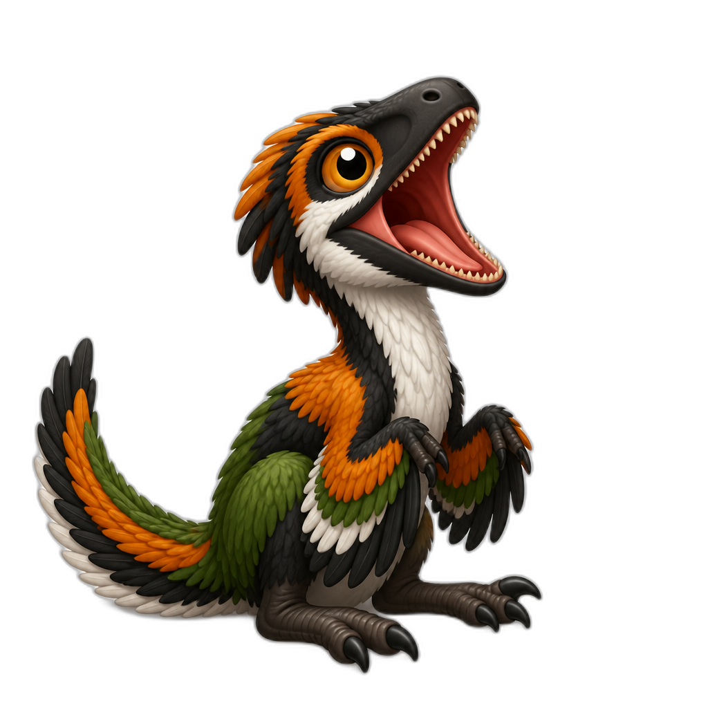 Cute sitting deinonychus raptor dinosaur opening it's mouth wide open in excitement because it's about to be fed. It has orange, green and black feathers and a bit of white too. - AI generated emoji