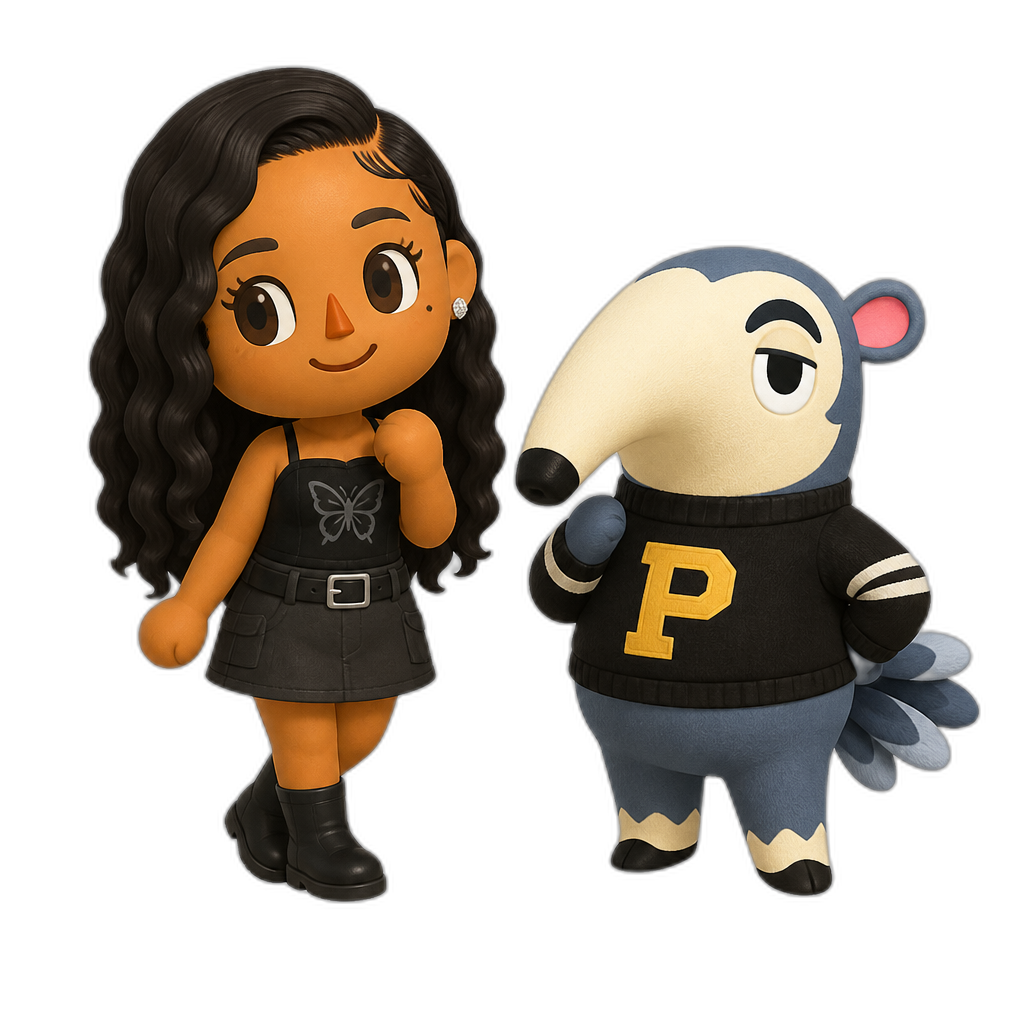 Mariah The Scientist as a Human Villager, Animal Crossing, with Pango the Anteater Villager - AI generated emoji