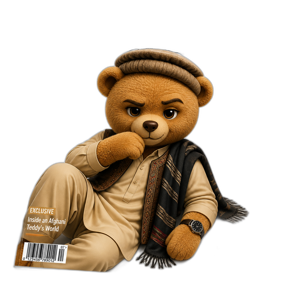 Create a Teddy bear who is a flirty intense Afghani on the magazine. any fur color - AI generated emoji