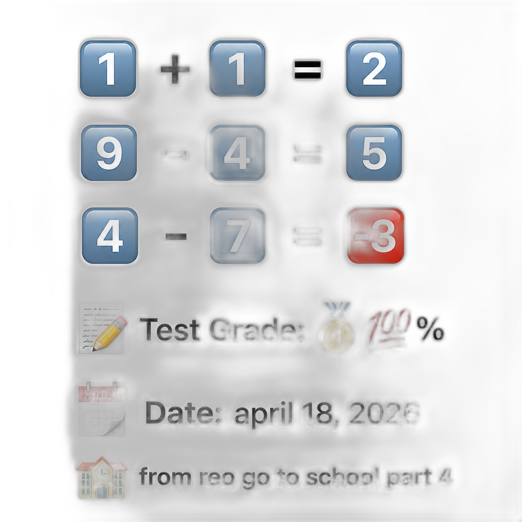 1+1=2, 9-4=5, and 4-7=-3. And test grade 1 and 100% date: april 18, 2026 from reo go to school part 4 - AI generated emoji