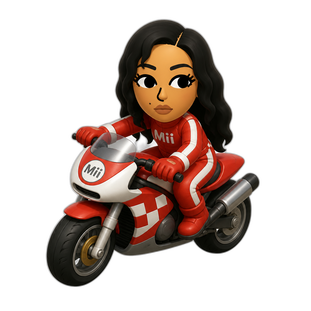 Mariah The Scientist Nintendo Mii in Mario Kart 7 (3DS), red racing suit, motorcycle - AI generated emoji
