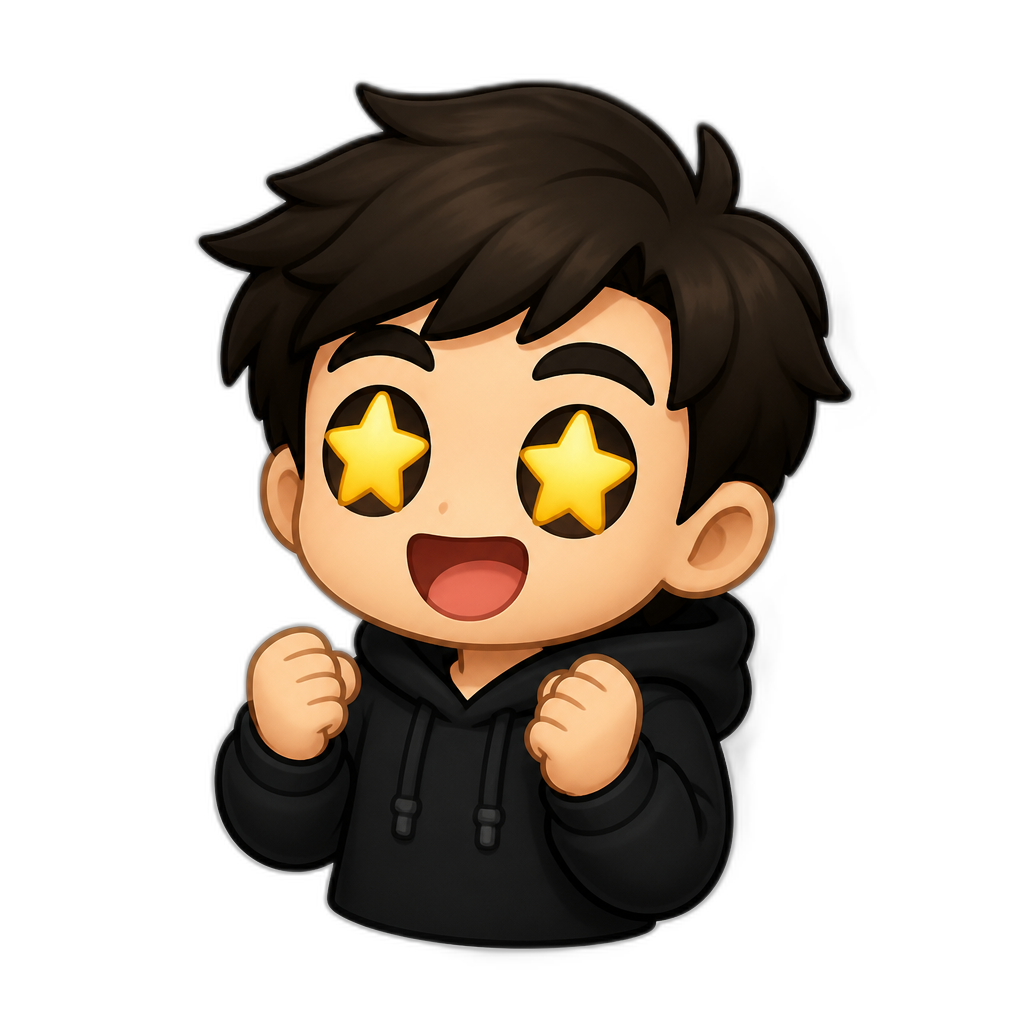 A chibi male character in a black hoodie, starry-eyed excited smile, thick white outline, Discord emoji style." - AI generated emoji